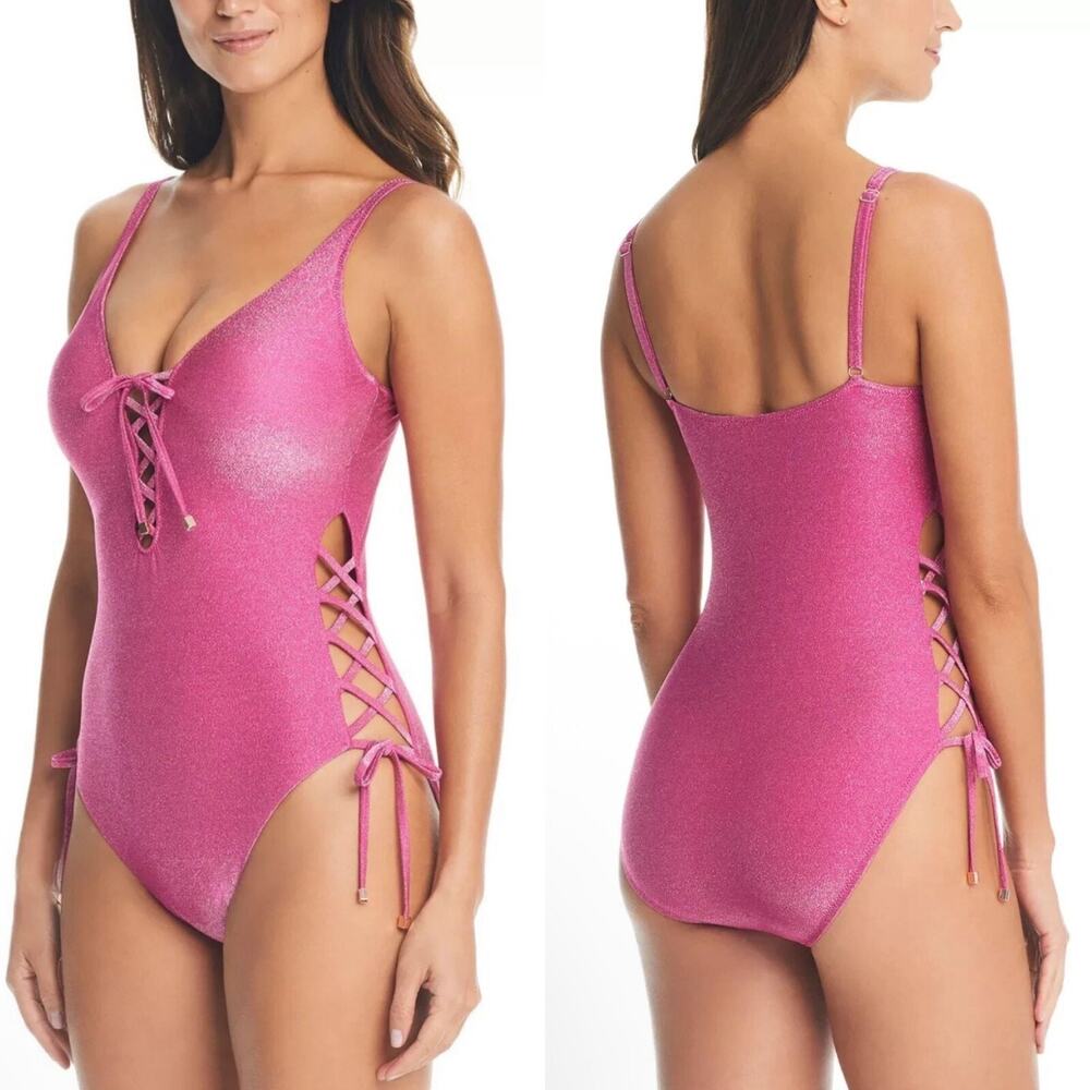 Bar III Shimmer Solids Lace-Up One-Piece Swimsuit Jazzed Women's Medium NWT